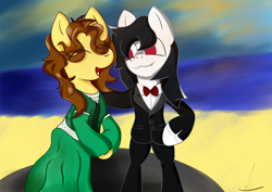 Size: 3100x2200 | Tagged: safe, artist:almaustral, oc, oc only, oc:billy rose, oc:lighting wind, species:pegasus, species:pony, g4, bow tie, clothing, dress, eyes closed, female, male, open mouth, pegasus oc, semi-anthro, smiling, straight, suit, wedding dress