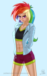 Size: 1200x1920 | Tagged: safe, artist:cherrymocaccino, artist:zuko42, character:rainbow dash, species:human, art pack:music album 'e.g.8 themes', g4, my little pony:equestria girls, arm behind back, belly button, blue background, clothing, confident, hood, looking at you, midriff, multicolored hair, pink eyes, rainbow hair, shorts, simple background, smiling, smiling at you, solo, sports bra, sports shorts, tomboy, watermark