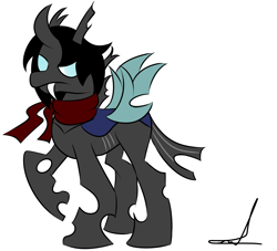 Size: 2896x2627 | Tagged: safe, artist:almaustral, oc, oc only, species:changeling, g4, changeling oc, clothing, fangs, scarf, simple background, solo, white background