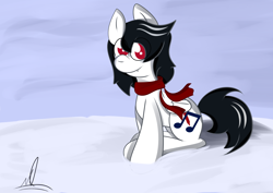 Size: 3100x2200 | Tagged: safe, artist:almaustral, oc, oc only, oc:lighting wind, species:pegasus, species:pony, g4, clothing, pegasus oc, scarf, signature, sitting, smiling, snow, solo, wings