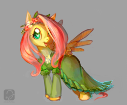 Size: 921x766 | Tagged: safe, artist:erinliona, character:fluttershy, species:pegasus, species:pony, clothing, coronation dress, cute, dress, female, floral head wreath, flower, gray background, hair over one eye, head turn, mare, open mouth, shyabetes, simple background, smiling, solo, spread wings, standing, stray strand, wings