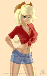 Size: 1200x1920 | Tagged: safe, artist:cherrymocaccino, artist:zuko42, character:applejack, species:human, art pack:music album 'e.g.8 themes', g4, my little pony:equestria girls, belly button, breasts, busty applejack, clothing, front knot midriff, hand on hip, hat, jeans, looking at you, midriff, pants, shirt, shorts, solo