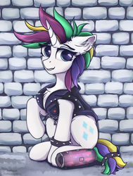 Size: 2800x3700 | Tagged: safe, artist:lakunae, character:rarity, species:pony, species:unicorn, episode:it isn't the mane thing about you, g4, my little pony: friendship is magic, alternate hairstyle, clothing, female, jacket, jbl, looking at you, mare, punk, punkity, sitting, smiling, solo