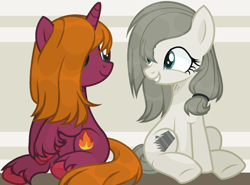 Size: 1374x1016 | Tagged: safe, artist:katnekobase, artist:thieeur-nawng, base used, oc, oc only, species:earth pony, species:pony, species:unicorn, g4, abstract background, duo, earth pony oc, grin, horn, looking at each other, sitting, smiling, underhoof, unicorn oc, unshorn fetlocks