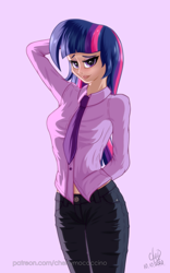 Size: 1200x1920 | Tagged: safe, artist:cherrymocaccino, artist:zuko42, character:twilight sparkle, species:human, art pack:music album 'e.g.8 themes', g4, my little pony:equestria girls, arm behind back, arm behind head, clothing, jeans, looking at you, necktie, pants, shirt, solo