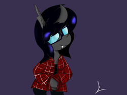 Size: 2556x1913 | Tagged: safe, artist:almaustral, oc, oc only, species:changeling, g4, changeling oc, clothing, glasses, purple background, semi-anthro, signature, simple background, smiling, solo