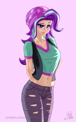 Size: 1200x1920 | Tagged: safe, artist:cherrymocaccino, artist:zuko42, character:starlight glimmer, species:human, art pack:music album 'e.g.8 themes', g4, my little pony:equestria girls, arm behind back, belly button, cap, clothing, hand on hip, hat, jeans, looking at you, pants, shirt, solo, vest