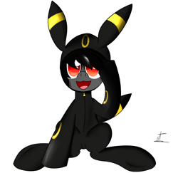 Size: 2300x2233 | Tagged: safe, artist:almaustral, oc, oc only, species:earth pony, species:pony, g4, :d, clothing, costume, crossover, earth pony oc, kigurumi, open mouth, pokémon, signature, simple background, smiling, solo, umbreon, white background
