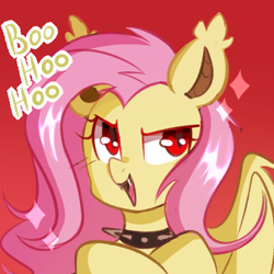 Size: 1000x1000 | Tagged: safe, artist:thieftea, character:flutterbat, character:fluttershy, species:bat pony, species:pony, g4, bat ponified, boo hoo, collar, female, mare, race swap, red background, simple background, solo, spiked collar