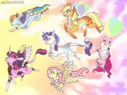 Size: 1024x768 | Tagged: safe, artist:malinraf1615, character:applejack, character:fluttershy, character:pinkie pie, character:rainbow dash, character:rarity, character:twilight sparkle, character:twilight sparkle (alicorn), species:alicorn, species:earth pony, species:pegasus, species:pony, species:unicorn, g4, alternate hairstyle, applejack's hat, balloon, chest fluff, clothing, cowboy hat, curved horn, deviantart watermark, female, freckles, grin, happy birthday mlp:fim, hat, horn, leonine tail, mane six, mare, markings, mlp fim's tenth anniversary, obtrusive watermark, raised hoof, raised leg, redesign, smiling, unshorn fetlocks, watermark