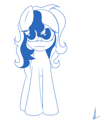Size: 1774x2001 | Tagged: safe, artist:almaustral, oc, oc only, species:earth pony, species:pony, g4, earth pony oc, lineart, monochrome, signature, simple background, smiling, solo, white background