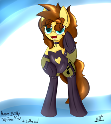 Size: 2200x2455 | Tagged: safe, artist:almaustral, oc, oc only, oc:billy rose, species:earth pony, species:pony, g4, abstract background, bipedal, clothing, earth pony oc, open mouth, signature, smiling, solo