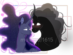 Size: 1110x841 | Tagged: safe, artist:malinraf1615, character:pony of shadows, character:tantabus, species:pony, species:unicorn, ship:tantashadow, g4, blushing, ear fluff, ethereal mane, galaxy mane, male, shipping, simple background, transparent background, watermark