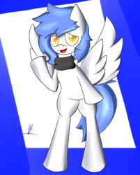 Size: 1440x1789 | Tagged: safe, artist:almaustral, oc, oc only, species:pegasus, species:pony, g4, abstract background, bipedal, clothing, pegasus oc, scarf, signature, solo, waving, wings