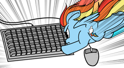 Size: 1100x603 | Tagged: safe, artist:dacaoo, character:rainbow dash, species:pegasus, species:pony, g4, computer mouse, female, flying, keyboard, mare, solo