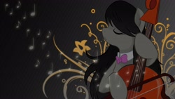 Size: 2560x1440 | Tagged: safe, artist:alexpony, artist:aloopyduck, artist:monochromaticbay, character:octavia melody, species:earth pony, species:pony, abstract background, cello, eyes closed, female, mare, music notes, musical instrument, solo, wallpaper