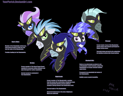 Size: 1517x1188 | Tagged: dead source, safe, artist:pooryorick, character:nightshade, oc, oc:blueball blitz, oc:charger, oc:nightshade, oc:starry skies, oc:stratus, species:pony, black background, bust, clothing, costume, female, goggles, grin, male, mare, portrait, reference sheet, shadowbolts, shadowbolts (nightmare moon's minions), shadowbolts costume, simple background, smiling, stallion