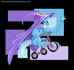 Size: 791x755 | Tagged: dead source, safe, artist:pooryorick, character:trixie, species:pony, species:unicorn, cape, clothing, female, fluffy, glare, grin, hat, hoof hold, mare, pun, sitting, smiling, smirk, solo, tricycle, trixie's cape, trixie's hat, wand, wheelie