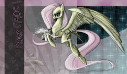 Size: 890x517 | Tagged: safe, artist:nastylady, character:fluttershy, species:pegasus, species:pony, g4, abstract background, bucket, discorded, female, flutterbitch, flying, mare, photoshop, solo