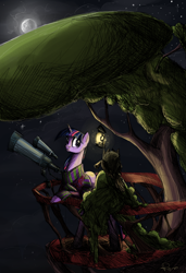 Size: 732x1072 | Tagged: safe, artist:nastylady, character:owlowiscious, character:twilight sparkle, species:pony, species:unicorn, g4, balcony, bipedal, bipedal leaning, clothing, duo, female, lantern, leaning, mare, night, photoshop, scarf, telescope
