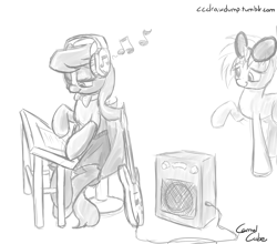 Size: 1000x880 | Tagged: safe, artist:carmelcube, character:dj pon-3, character:octavia melody, character:vinyl scratch, 30 minute art challenge, boxers, clothing, guitar, headphones, underwear