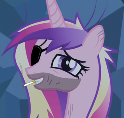 Size: 742x705 | Tagged: safe, artist:alexstrazse, edit, edited screencap, screencap, character:princess cadance, episode:a canterlot wedding, g4, my little pony: friendship is magic, beard, crystal caverns, eyepatch, facial hair, female, smoking, solid snake, solo