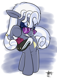 Size: 900x1221 | Tagged: safe, artist:mister-markers, character:hoity toity, species:earth pony, species:pony, abstract background, classy, clothing, colored pupils, floppy ears, glasses, grin, looking at you, male, raised hoof, raised leg, signature, smiling, solo, stallion, sunglasses
