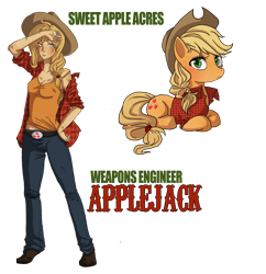 Size: 1503x1551 | Tagged: safe, artist:the-orator, character:applejack, species:human, applejack's hat, boots, breasts, busty applejack, clothing, cowboy boots, cowboy hat, hat, human ponidox, humanized, ponidox