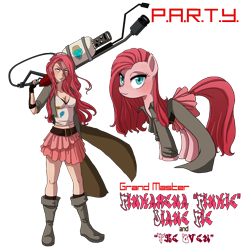 Size: 1804x1861 | Tagged: safe, artist:the-orator, character:pinkamena diane pie, character:pinkie pie, belly button, clothing, flamethrower, human ponidox, humanized, longcoat, p.a.r.t.y., ponidox, weapon