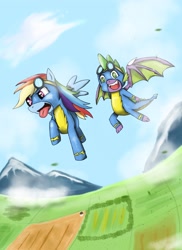 Size: 1700x2338 | Tagged: safe, artist:mlj-lucarias, character:rainbow dash, character:spike, species:dragon, clothing, female, flying, male, scenery, smiley face, tongue out, uniform, winged spike, wings, wonderbolts, wonderbolts uniform