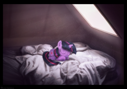 Size: 1075x755 | Tagged: safe, artist:lova-gardelius, character:twilight sparkle, bed, crepuscular rays, cute, dust motes, eyes closed, female, filly, filly twilight sparkle, pillow, prone, sleeping, solo, twiabetes, window