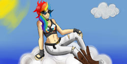 Size: 1366x686 | Tagged: safe, artist:stubbornstallion, character:rainbow dash, belly button, boots, cleavage, clothing, cloud, converse, female, fingerless gloves, gloves, humanized, midriff, shoes, solo, sunglasses, torn clothes