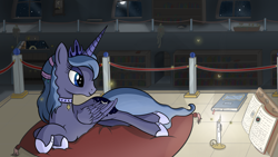 Size: 1920x1080 | Tagged: safe, artist:regolithx, character:princess luna, alternate hairstyle, book, candle, female, library, moon, night, prone, solo
