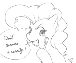 Size: 550x460 | Tagged: safe, artist:japananon, character:pinkie pie, monochrome, pixiv, toothbrush