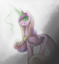 Size: 741x807 | Tagged: safe, artist:soulspade, character:queen chrysalis, species:changeling, disguise, disguised changeling, fake cadance, female, frown, glowing eyes, glowing horn, looking at you, smiling, solo