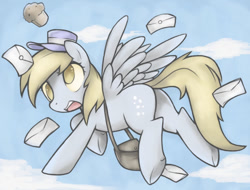 Size: 761x579 | Tagged: safe, artist:soulspade, character:derpy hooves, species:pegasus, species:pony, female, letter, mailmare, mare, muffin, solo