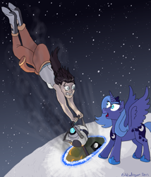 Size: 829x970 | Tagged: safe, artist:bibliodragon, character:princess luna, species:human, chell, crossover, personality core, portal, portal (valve), s1 luna, space, wheatley