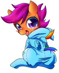 Size: 600x744 | Tagged: safe, artist:nabe, character:scootaloo, species:pegasus, species:pony, blush sticker, blushing, clothing, costume, cute, cutealoo, female, footed sleeper, hoodie, looking at you, looking back, onesie, open mouth, pajamas, pixiv, simple background, smiling, solo, white background