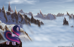 Size: 1900x1200 | Tagged: dead source, safe, artist:sonicrainboom93, character:twilight sparkle, character:twilight sparkle (unicorn), species:pony, species:unicorn, g4, cloud, cloudy, female, mare, mountain, mountain range, painting, scenery, scenery porn, signature, solo, windswept mane