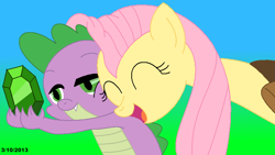 Size: 710x400 | Tagged: safe, artist:ced75, character:fluttershy, character:spike, ship:flutterspike, nuzzling, shipping, spikelove