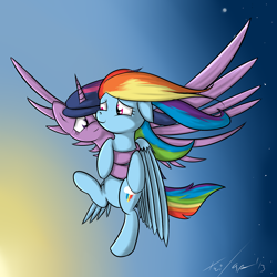 Size: 1280x1280 | Tagged: safe, artist:geneticanomaly, character:rainbow dash, character:twilight sparkle, character:twilight sparkle (alicorn), species:alicorn, species:pony, ship:twidash, female, flying, lesbian, shipping