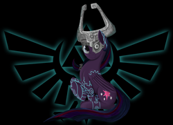 Size: 1600x1158 | Tagged: safe, artist:ciscoql, character:twilight sparkle, character:twilight sparkle (alicorn), species:alicorn, species:pony, black background, crossover, female, glow, helmet, logo, looking at you, mare, midna, midna sparkle, pun, simple background, sitting, smiling, tattoo, the legend of zelda, the legend of zelda: twilight princess, triforce