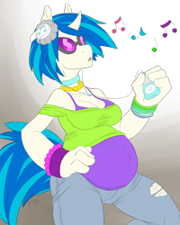 Size: 800x1000 | Tagged: safe, artist:rozga, character:dj pon-3, character:vinyl scratch, species:anthro, belly, big belly, breasts, busty vinyl scratch, cleavage, clothing, curved horn, female, headphones, ipod, jeans, music, pregnant, solo