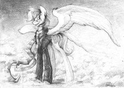 Size: 1280x907 | Tagged: safe, artist:nastylady, oc, oc only, oc:stardust mach, birthday, clothing, glasses, grayscale, jacket, leather jacket, monochrome, present, scarf, sketch, solo, traditional art
