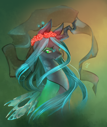 Size: 1000x1186 | Tagged: safe, artist:erinliona, character:queen chrysalis, beautiful, female, floral head wreath, flower, rose, solo