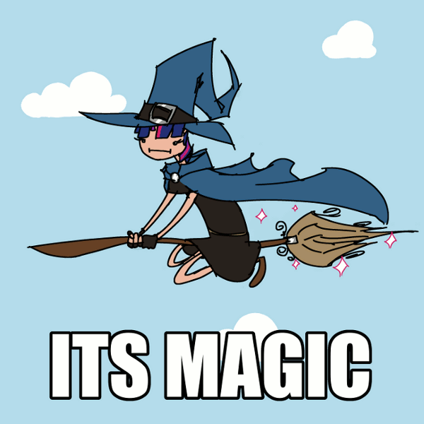 Size: 600x600 | Tagged: safe, artist:php15, character:twilight sparkle, :i, animated, broom, caption, clothing, cloud, cloudy, female, flying, flying broomstick, hat, humanized, magic, sitting, skinny, sky, sparkles, wat, witch, witch hat