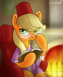 Size: 1131x1382 | Tagged: safe, artist:conicer, character:applejack, book, chair, clothing, fanfic art, female, fez, fire, fireplace, glasses, hat, robe, sitting, solo