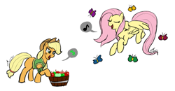 Size: 1219x633 | Tagged: safe, artist:kudalyn, character:applejack, character:fluttershy, apple, butterfly, clothing, dollar sign, music notes, simple background, singing, vest, white background