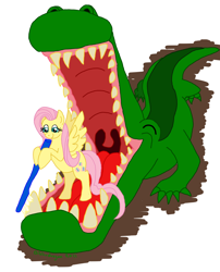 Size: 840x1040 | Tagged: safe, artist:bibliodragon, character:fluttershy, crocodile, toothbrush