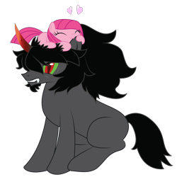 Size: 3306x3312 | Tagged: safe, artist:bigccv, character:king sombra, character:pinkamena diane pie, character:pinkie pie, species:earth pony, species:pony, species:unicorn, :>, annoyed, colored horn, curved horn, cute, ear bite, eyes closed, fangs, female, filly, glare, gritted teeth, heart, horn, male, mare, missing accessory, nom, pony hat, shipping, simple background, sitting, smiling, sombra horn, sombrapie, stallion, straight, transparent background, younger